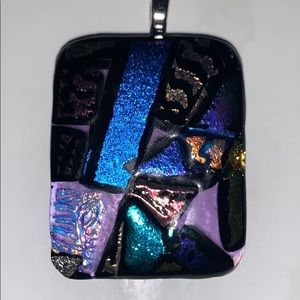 Necklace, dichroic glass, metallic blues, lavender
